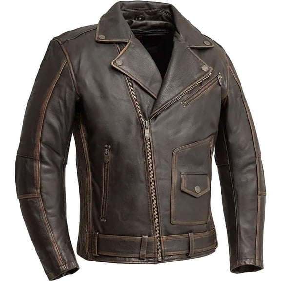 First Mfg Co - Wrath - Men's Motorcycle Biker Riding Brown Beige Leather Jacket - Small - Gussets Grommets Insulated Zip-Out Thermal Liner Accordion back with stretch panels