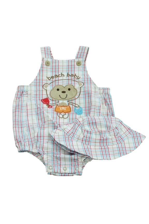 First Moments Infant Boys Monkey Red Blue Plaid Overall Shorts & Bucket Hat 3m