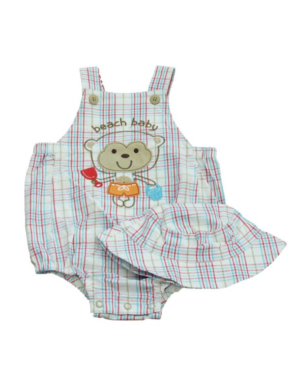 First Moments Infant Boys Monkey Red Blue Plaid Overall Shorts & Bucket Hat 3m