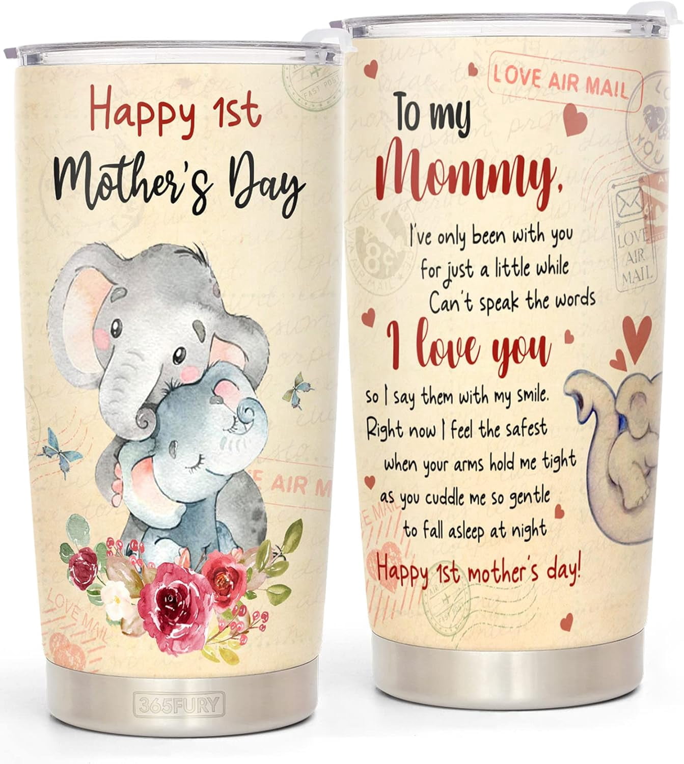 First Mothers Day Gifts For New Mom Daughter From Sister Baby Son - 1st Mothers Day Coffee Mug - Elephant 20oz Double Wall Vacuum Insulated Tumbler With Lid for Woman