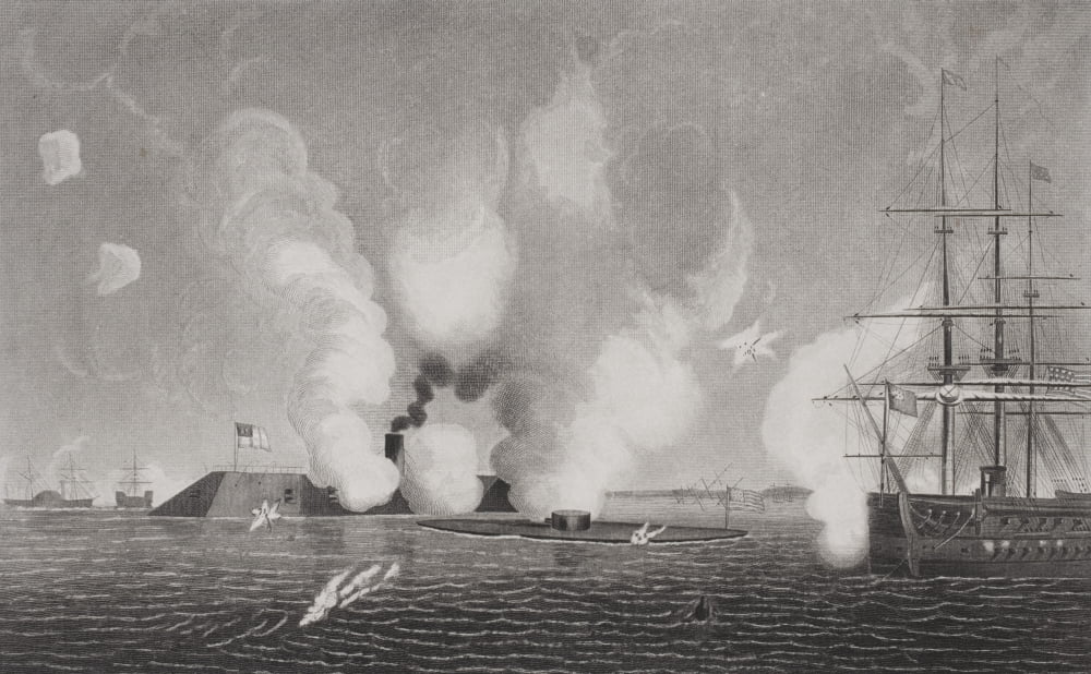 First Naval Combat Between Iron Vessels The Confederate Css Virginia Formerly The Merrimack Left And The Union Uss Monitor Right At Hampton Roads Virginia Canvas Art - Ken Welsh  Design Pics (36 x 22)