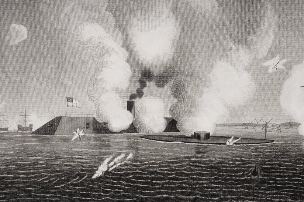 First Naval Combat Between Iron Vessels The Confederate Css Virginia Formerly The Merrimack Left And The Union Uss Monitor Right At Hampton Roads Virginia Canvas Art - Ken Welsh Design Pics (34 x 22)