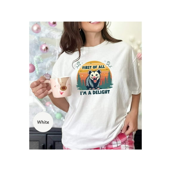 First Of All I'm A Delight Funny Opossum T-Shirt, Cute Animal Lover Shirt, Retro Sunset Graphic Tee, Quirky Wildlife Top, Nature Lover