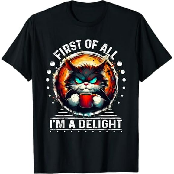 First Of All I'm A Delight Sarcastic Angry Cat Coffee Lover T-Shirt Tops Tee