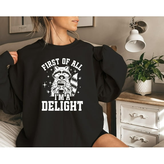 First Of All I’m a Delight Sweatshirt, Funny Raccoon Pullover, Sarcastic Raccoon Lover Sweatshirt, Gift for Friend Outfit