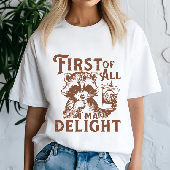 First Of All Im A Delight Vintage Halloween Raccoon Shirt, Spooky Season Tee, Happy Halloween , Ghost Pumpkin Tshirt, Funny Holiday Gift