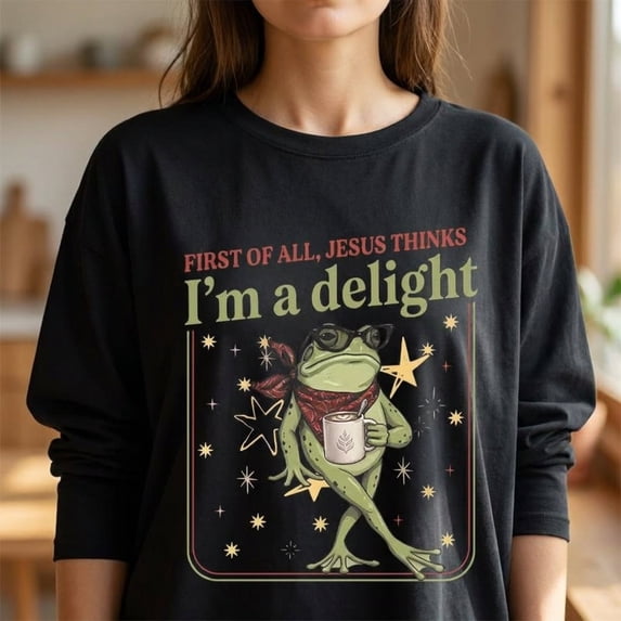 First Of All Jesus Thinks I’m A Delight Frog Unisex T-Shirt – Funny Christian Frog Graphic Tee, Faith Based Retro Shirt for Men Women