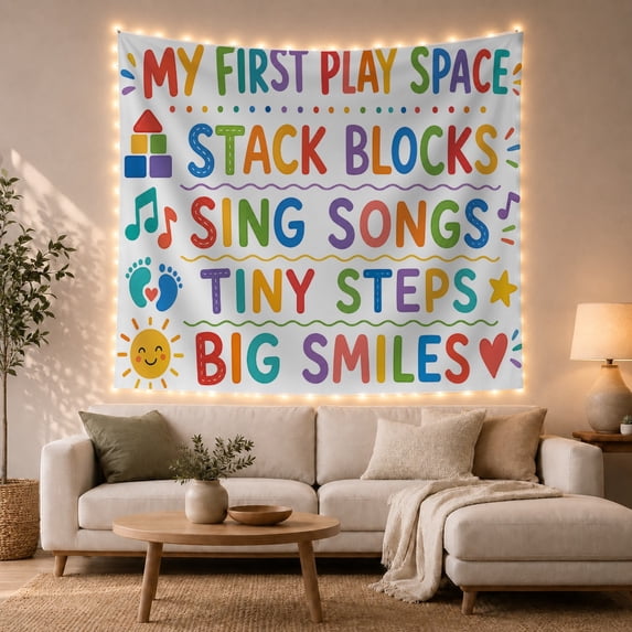 My First Play Space with Rainbow Milestone Text, Cheerful Illustration for Kids, Early Learning Wall Art, Birthday Gift, Tapestry Wall Hanging for Nursery and Playroom
