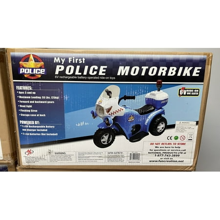 My First Police MotorBike Ride on Bike 6v Rechargeable Battery and Charger Included Blue Forward and Backward Gear Head Light, Flashing Siren Max Load 55 Lbs.