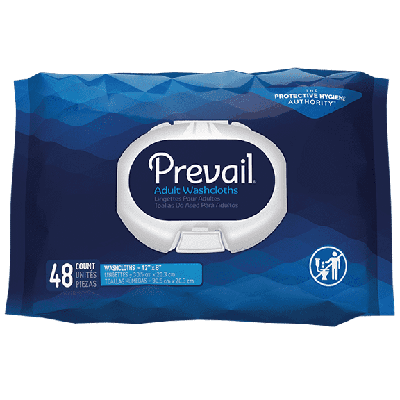 Prevail Adult Washcloths, Alcohol-Free Disposable Wipes with Soft Pack Lid, 12" x 8", 48 Count (Pack of 12)