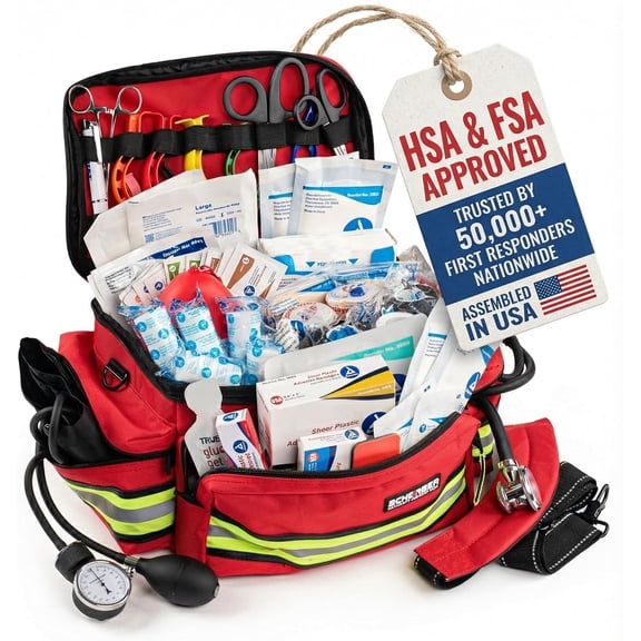 First Responder Fully-Stocked Professional Essentials EMT/EMS Trauma Kit | HSA/FSA Approved | Reflective Bag w/8 Zippered Pockets & Compartments & 200+ First Aid Supplies - Red