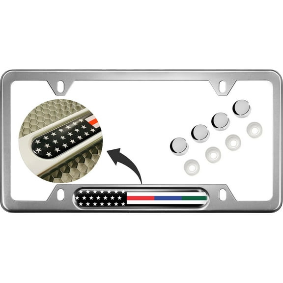 First Responders - USA Patriotic Anodized Aluminum Car License Plate Frame, Support Law Enforcement, Police, Military and Fire Thin Line (Stripe) USA American Flag Design with Free caps - Silver