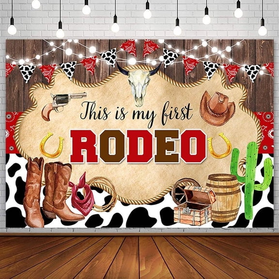 My First Rodeo 1st Birthday Backdrop Western Cowboy First Bday Photo Photography Background Cow Print Wild West Rustic Wood Boot Hat Party Decorations Banner Photo Shoot Studio Props