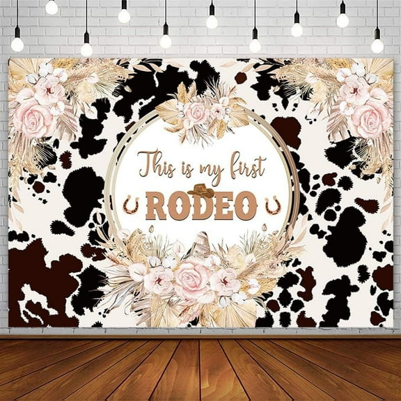 My First Rodeo 1st Birthday Backdrop for Western Cowgirl Wild One Bday Party Decorations Holy Cow Print Pink Boho Floral West Rustic Photography Background Banner Photo Shoot Props