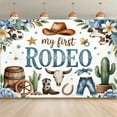 thumbnail image 1 of My First Rodeo Backdrop Cute Western Cowboy 1st Birthday Photography Background Blue Floral Wild West Rodeo Mexican Cactus Birthday Baby Shower Party Decorations Banner Supplies Photo Booth Props, 1 of 6