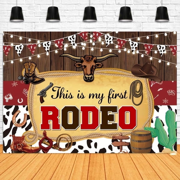 This is My First Rodeo Backdrop My First Rodeo 1st Birthday Backdrop Western Cowboy First Birthday Photography Background Cow Print Wild West Rustic Wood Boot Hat Party Banner
