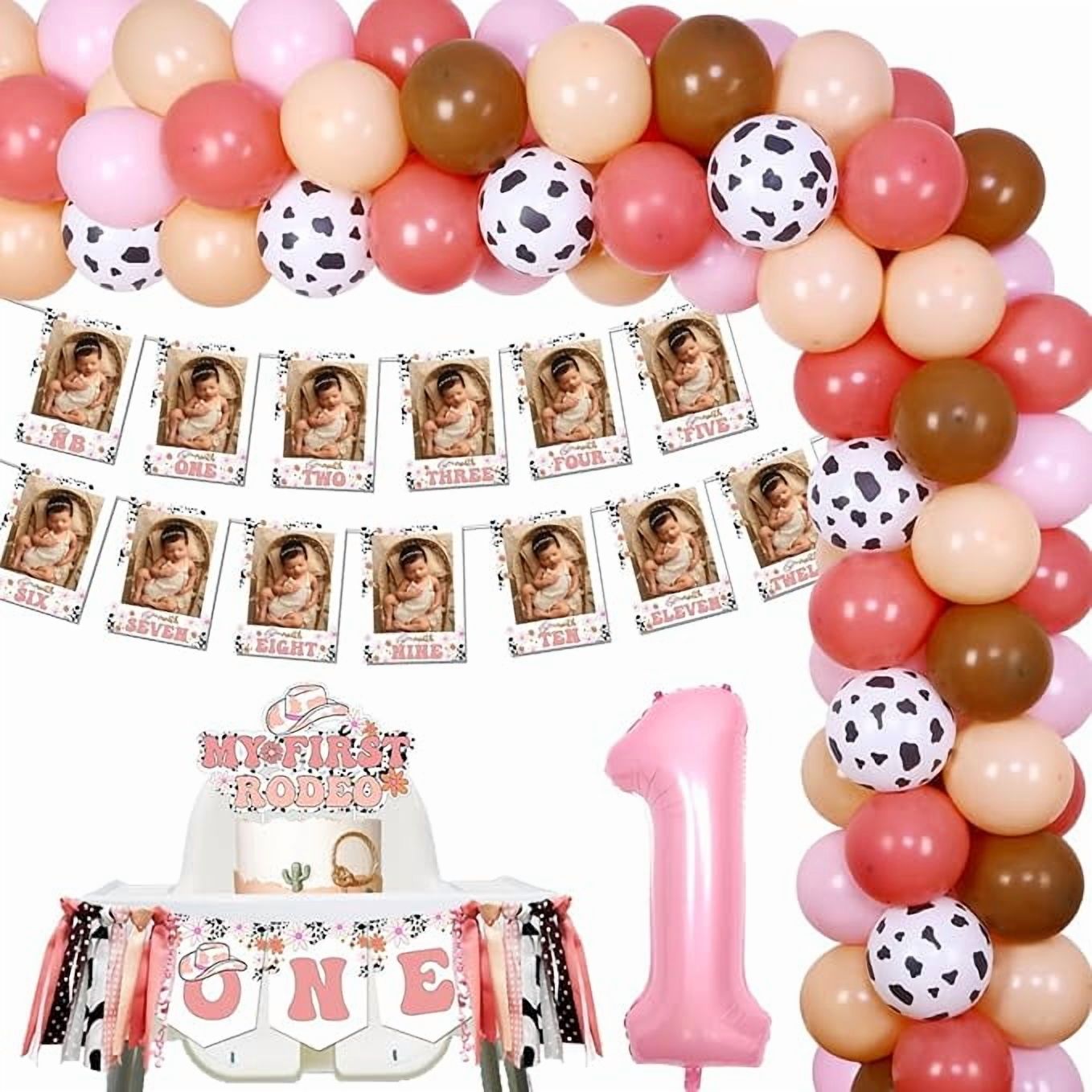 My First Rodeo Birthday decor Pink for Girls Western Cowgirl 1st Birthday High Chair Banner Groovy Monthly Photo Banner Cake Topper Balloon Garland Arch Kit for Girls 1st Birthday Party Supplies