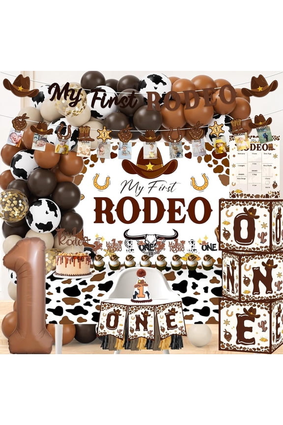 My First Rodeo Decorations Boy, Western Cowboy 1st Birthday Party Decorations, Western Balloon Arch Kit Cowboy Party Supplies Backdrop Photo Banner Tablecloth for 1st Rodeo Birthday Party Decor Boy