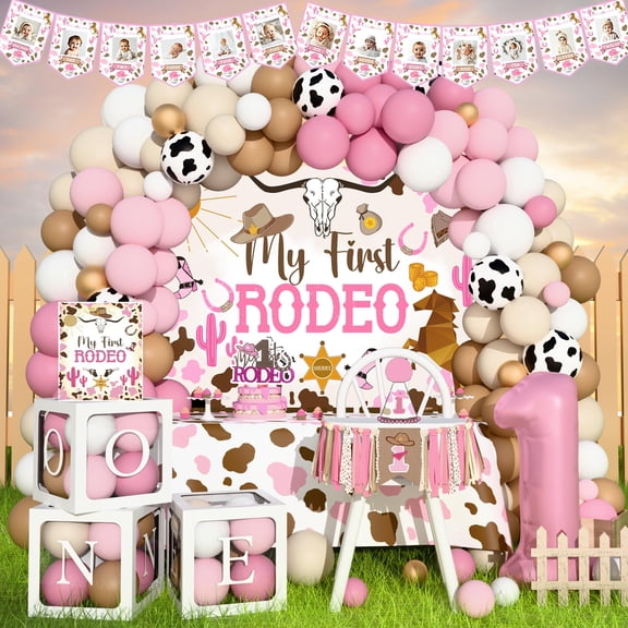My First Rodeo Decorations Girl,Cowgirl 1st Birthday Party Supplies,Western Cowgirl First Party,1st Rodeo Backdrop Balloon Arch Topper Banner Crown Tablecloth for One Year Old Girl Party Y114
