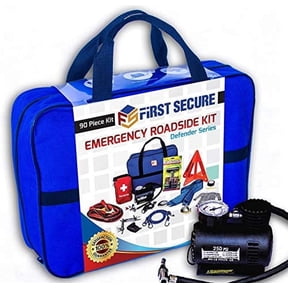 First Secure - Emergency Roadside & First Aid Kit - Essential Car Safety Tool Pack (90 Pieces)
