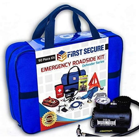 First Secure - Emergency Roadside & First Aid Kit - Essential Car Safety Tool Pack (90 Pieces)