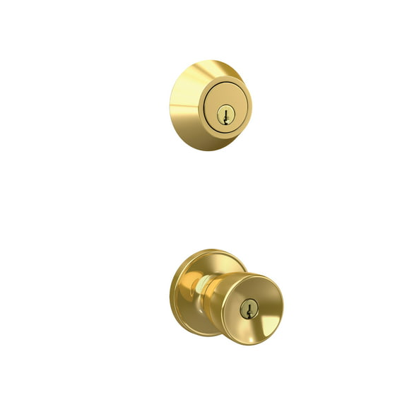 First Secure by Schlage Deadbolt and Keyed Entry Hawkins Knob in Bright Brass