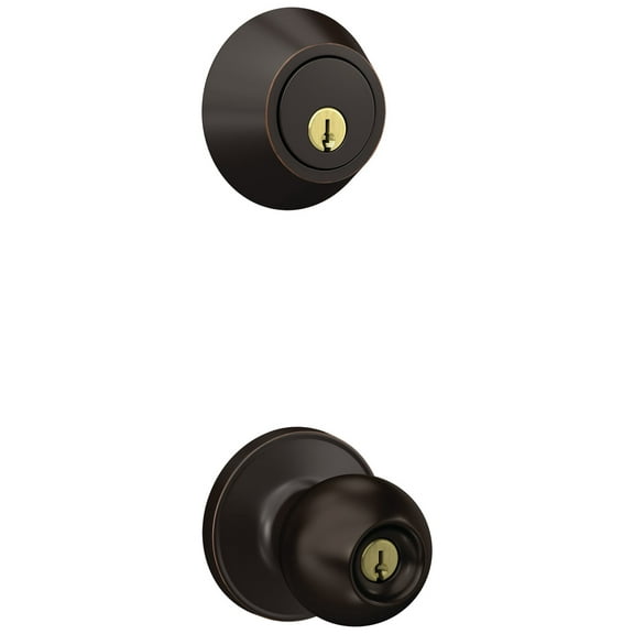 First Secure by Schlage Deadbolt and Keyed Entry Rigsby Door Knob in Aged Bronze