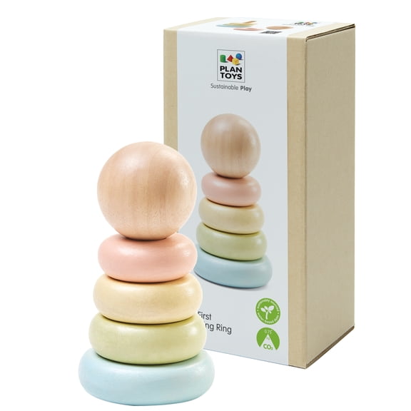 PlanToys First Stacking Ring | Montessori Wooden Stacking Toy for Babies & Toddlers | Baby Learning Toy for Fine Motor Skills, Sensory Play & Color Sorting