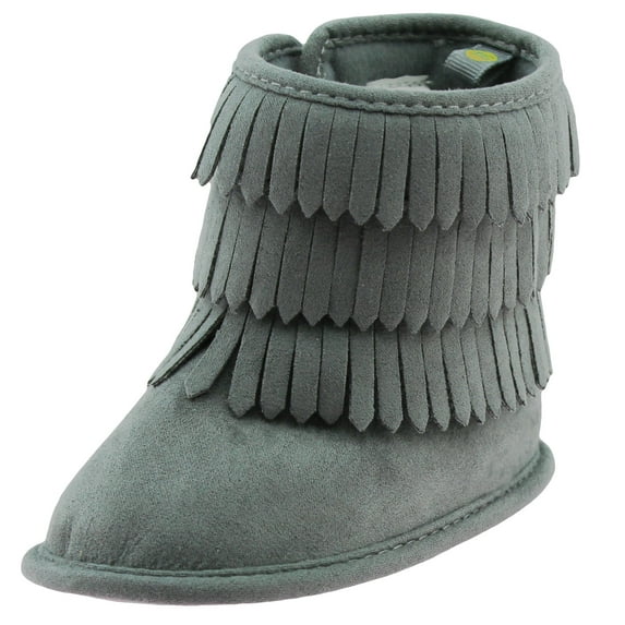 First Steps Fringe Moccasin Baby Girl Boots Winter Micro Suede Booties Grey Cute Newborn Prewalkers Size 3 (6-9 Months)