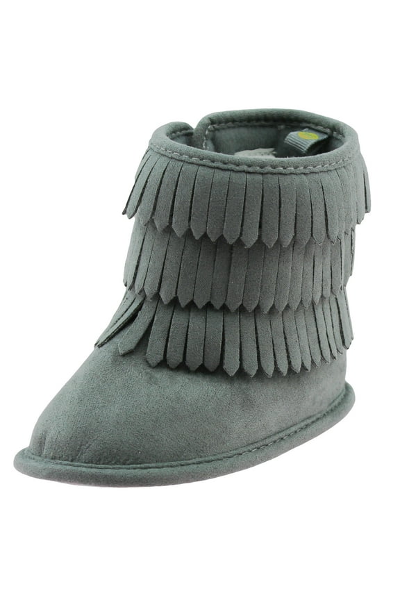 First Steps Fringe Moccasin Baby Girl Boots Winter Micro Suede Booties Grey Cute Newborn Prewalkers Size 4 (9-12 Months)