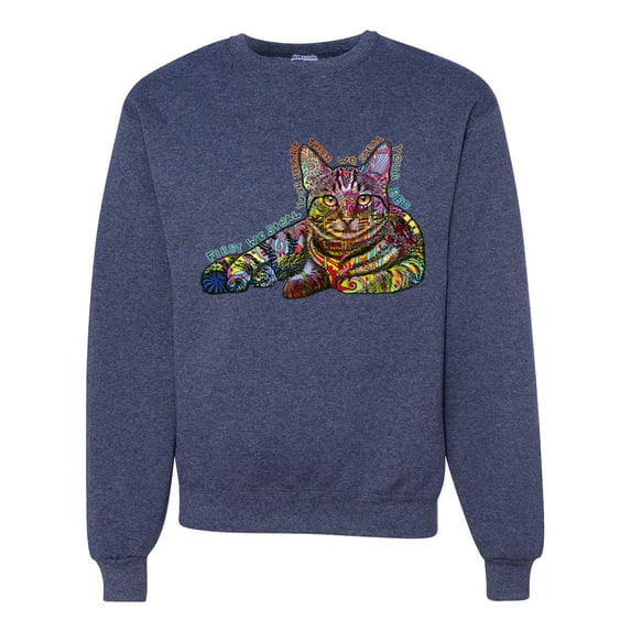 First We Still Your Heart Then Your Bed | Funny Neon Colorful Cat | Dean Russo Art Animal Lover Unisex Crewneck Sweatshirt, Vintage Heather Navy, XX-Large