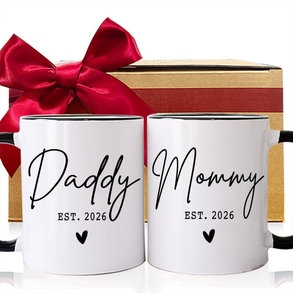 First Time 2026 Mom Dad Mug Set Gifts, EST 2026 Daddy Mommy Mugs Gift for New Parents, Pregnancy Baby Announcement Gifts, Parents to be Gift, Mom Dad to Be Mug 11 oz