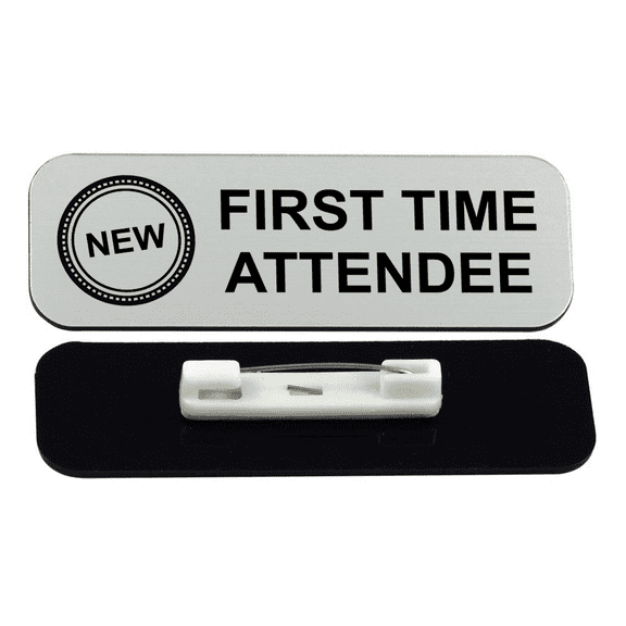 First Time Attendee 1 x 3" Name Tag/Badge, Silver, (3 Pack)