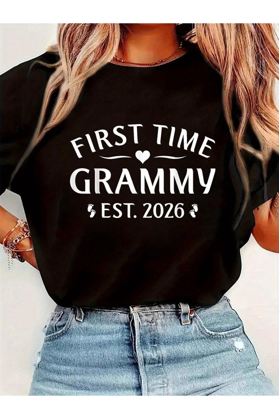 First Time Grammy Est 2026 Women's Short Sleeve T-Shirt New Grandmother Announcement Reveal Gift Retro Graphic Tee Comfortable Top