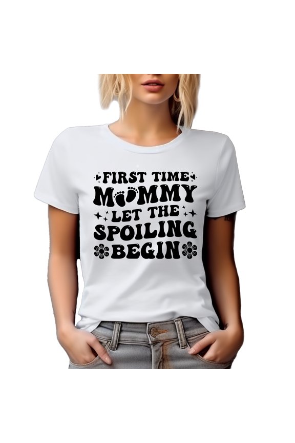 First Time Mommy, Let the Spoiling Begin, Retro Groovy Wavy Text, 1st Time Mom, White T-Shirt, XL