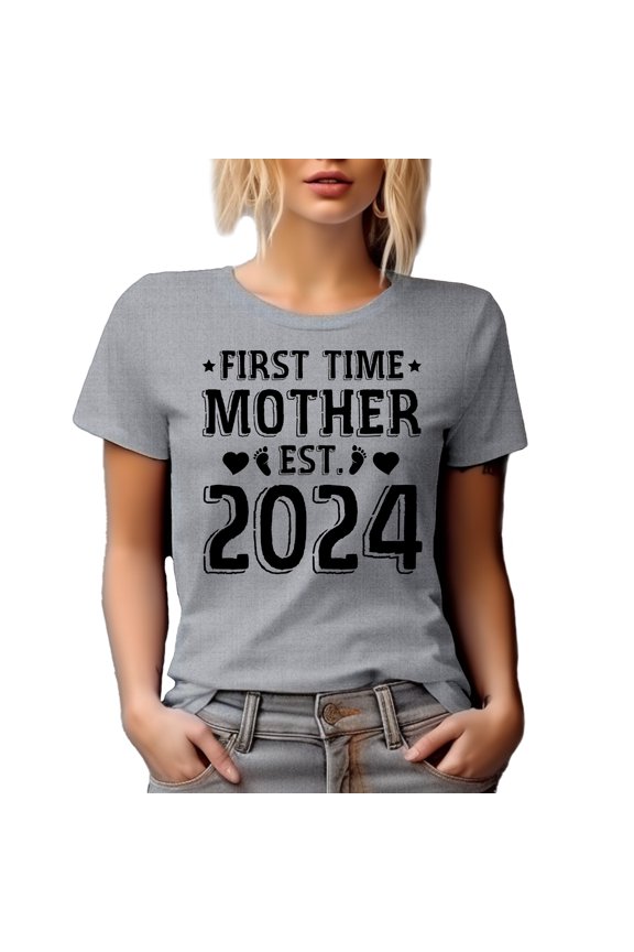 First Time Mother Est. 2024, Gender Reveal or Baby Shower, New or 1st Time Mom, Heather Grey T-Shirt, Large