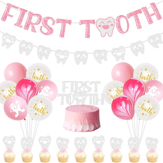 First Tooth 1st Birthday Party Decorations for Girls - Pink Birthday Supplies with Glitter First Tooth Banners Cake & Cupcake Toppers and Teeth Foil Balloons for Kids One Year Old Dental Decor