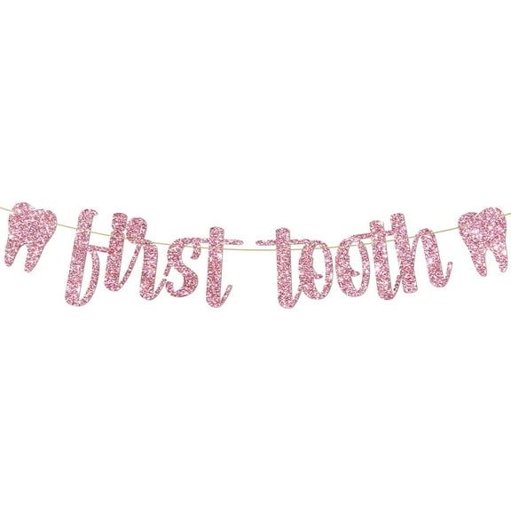First Tooth Banner, Funny Birthday Party Decorations for Baby Shower, First Tooth Banner for Girls Dentist Teeth Themed Dental Party Supplies, Pink Glitter