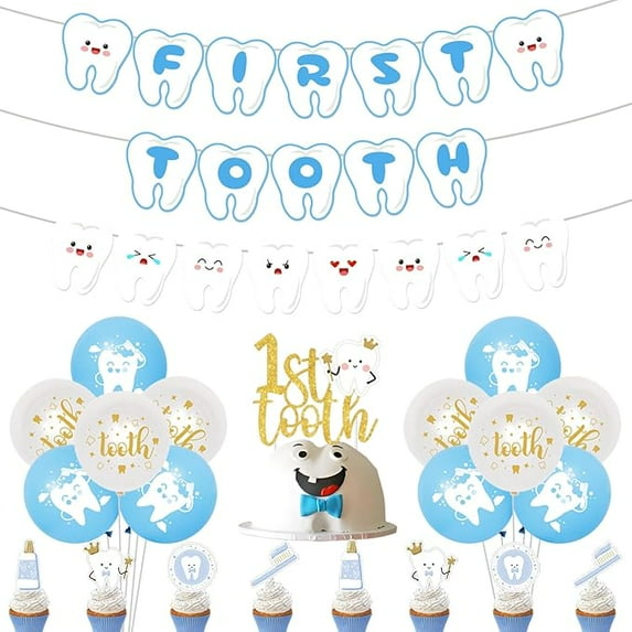 First Tooth Theme Party Decorations Blue Dental Theme Party Decorations First Tooth Banner Teeth Theme Banner Garland Cake and Cupcake Toppers for Boys First Tooth Party Decor Supplies