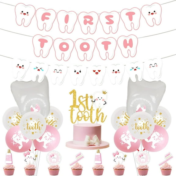 First Tooth Theme Party Decorations Pink Dental Theme Party Decorations First Tooth Banner Teeth Theme Banner Garland Cake and Cupcake Toppers Foil Balloons for Boys First Tooth Party Decor Supplies