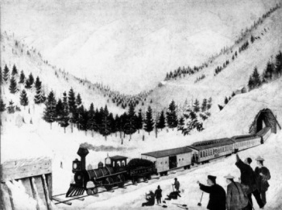 First Transcontinental Trains Leaving Sacramento May 1869 Joseph Becker (1841-1910 American) Canvas Art - Joseph Becker (24 x 36)
