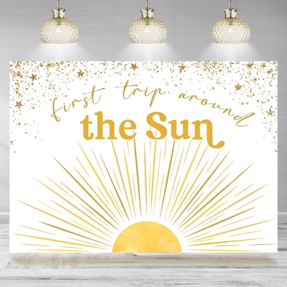 First Trip Around The Sun 1st Birthday Backdrop Sunrise Golden Dots Photography Background Kids Birthday Wall Hanging Decor Sun Theme Party Decorations Supplies Banner Photo Booth Props 7x5FT