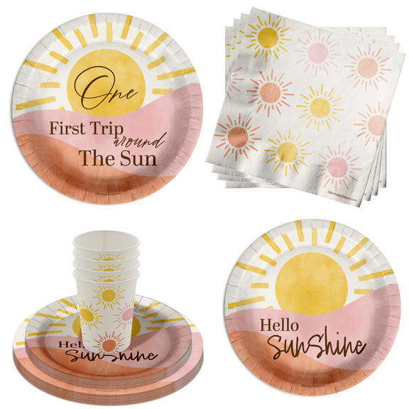 First Trip Around the Sun 1st Birthday Party Supplies 64 Piece Tableware Set Includes Large 9" Paper Plates Dessert Plates, Cups and Napkins Kit for 16