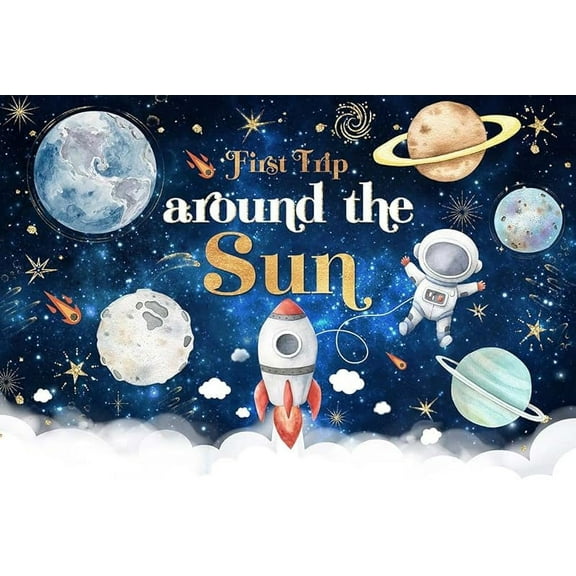 First Trip Around The Sun Birthday Groovy Backdrop for Boy Outer Space Sun 1st Birthday Party Decoration Galaxy Blast Off Moon Planets Rocket 1st Trip Around The Sun Cake Table Banner
