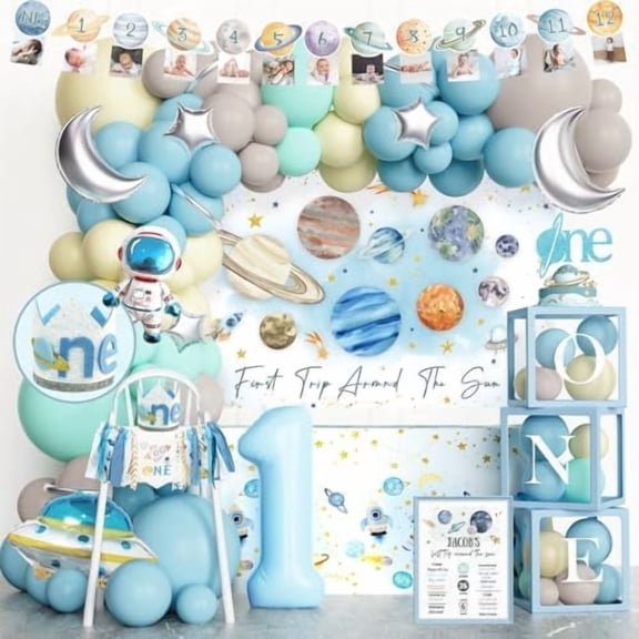 First Trip Around the Sun Decorations 123 PCs 1st Around the Sun Birthday Decoration Party Supplies with Backdrop, Balloon Garland, Banners, Cake Topper, Balloon Boxes, Poster, Tablecloth