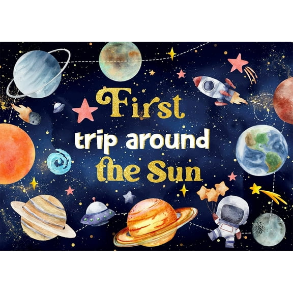First Trip Around The Sun Groovy Birthday Backdrop Outer Space Galactic Sun for Boy's First Birthday Party Background First Trip Around The Sun Decorations Boy Space Cake Table Banner Photo