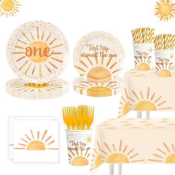 First Trip Around The Sun Birthday Decorations boho sun 1st birthday decorations Paper Plate, Cup, Napkin, Tablecloth, Disposable Cutlery Y114