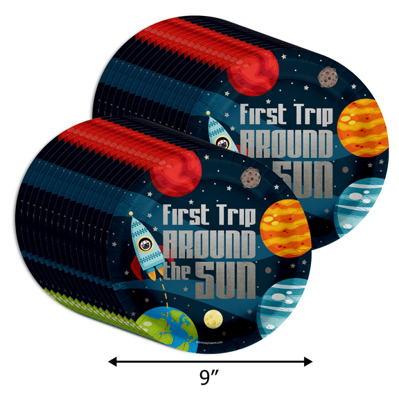 First Trip Around the Sun Baby Boys 1st Birthday Party Supplies - Space Party Supplies - Rocket Large 9" Plates In Bulk 32 Piece
