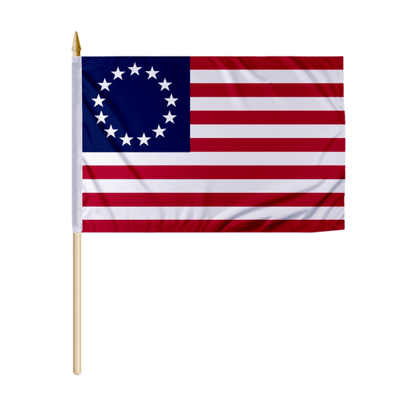 First United States Flag Betsy Ross Stick Flags 12 x 18 inch, - 24" Wooden Staff 100% Polyester 13 Star American Flag Mini Handheld Flag