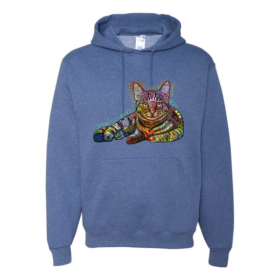 First We Still Your Heart Then Your Bed | Funny Neon Colorful Cat | Dean Russo Art Animal Lover Unisex Hoodie Sweatshirt, Vintage Heather Blue, X-Large